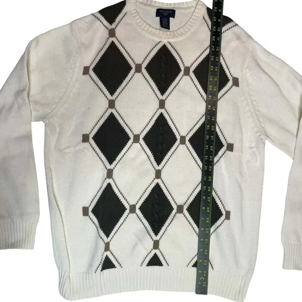 Dockers Argyle Knit Sweater Large Cream Cotton Pullover